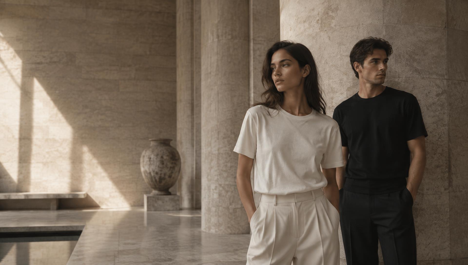 Modelos vestindo camisetas minimalistas em arquitetura de pedra sob luz natural